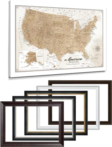 Vista 44 de IPIC - Lienzo con mapas de EE. UU. para decoración de pared, mapa con pin de empuje para marcar viajes, mapa de viaje impreso de EE. UU.