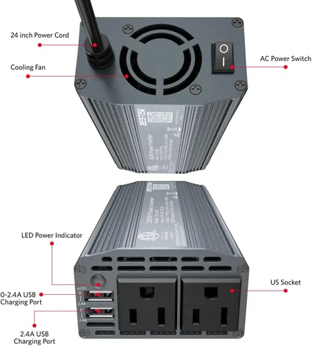 Vista 4 de Inversor de corriente Bestek 300 W CC 12 V a 110 V CA con adaptador de auto con puerto USB doble 4.2 A Gris