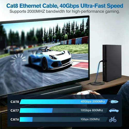 Vista 3 de Ercielook Cable Ethernet CAT8 de alta velocidad de 20 pies, cable plano de Internet blindado, resistente a la intemperie S/FTP resistente a los Negro
