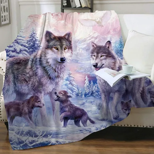 Vista 4 de KYKU Mantas y mantas de lobo rosa, manta de vellón de lobos con animales decorativos de nieve para adultos y niños, diseño de amor familiar, bonito