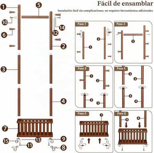 Vista 7 de Taitiy Perchero de madera maciza, perchero de ropa, perchero de pie sin necesidad de montaje con cesta de almacenamiento y 5 ganchos, árbol