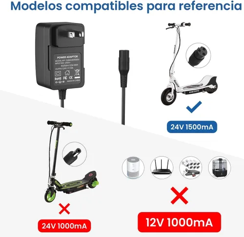 Vista 3 de CGGXJP Cargador de batería rápido para scooter eléctrico de 24 V 1500 mA para Razor E100 E200 E300 MX350, cable de alimentación hembra en línea de 3