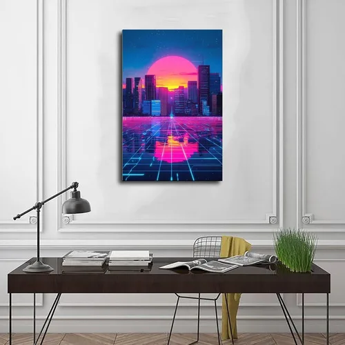 Vista 3 de Cyberpunk - Arte de pared Vaporwave - Póster de ciudad futurista de neón, impresión retro de onda sintética moderna, impresiones de pared abstractas