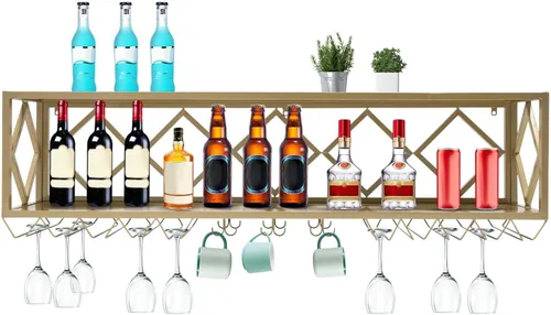 Vista 12 de Estante pesado para vino montado en la pared, soporte de doble capa para copas de vino de 59.06 pulgadas, estante colgante de metal industrial
