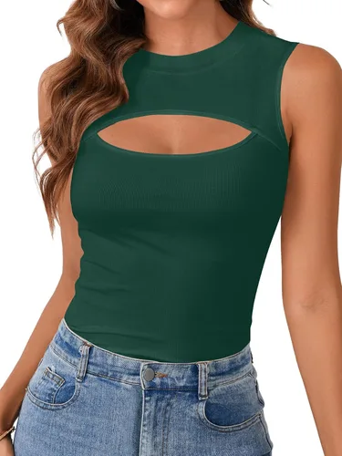 Vista 14 de Vrtige Camiseta sin mangas sexy con cuello redondo para mujer, de punto acanalado, sin mangas, ajustada