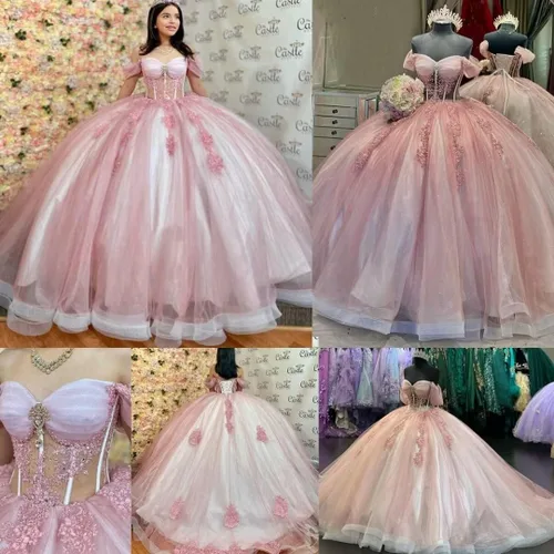 Vista 5 de Mouccy Brillantes con cuentas dulces 15 16 vestidos fuera del hombro encaje quinceañera vestidos de tul hinchado vestido de baile de graduación