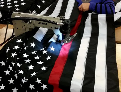 Vista 6 de US Flag Factory - Bandera estadounidense de línea roja fina de 3 x 5 pies (estrellas bordadas, rayas cosidas) para bomberos - SolarMax Nylon Outdoor