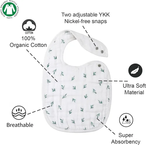 Vista 4 de Baberos de muselina a presión para niños y niñas, paquete de 3 baberos para bebés, recién nacidos y niños pequeños, babero de muselina 100% algodón