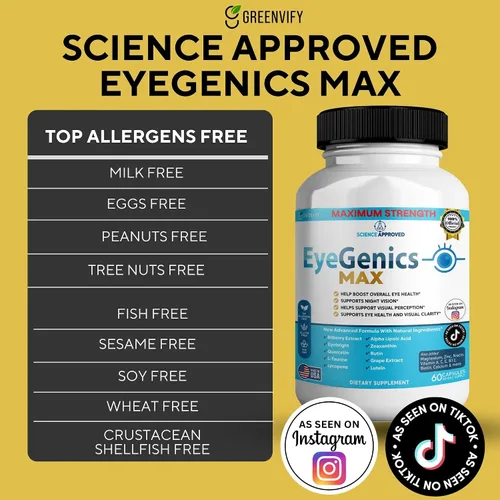 Vista 4 de EyeGenics Max Vision Support Supplement, 60 cápsulas, fórmula de salud ocular de máxima fuerza con luteína, extracto de arándano, vitaminas (1)