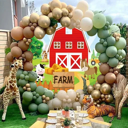 Vista 3 de Fondo redondo de dibujos animados de animales de granja de 3 x 3 pies, fondo redondo para fotografía de granero rojo para niños, baby shower