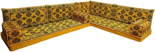 Vista 154 de arabicsofa Juego de asientos Jalsa en forma de L – Majlis árabe hecho a mano con almohadas de respaldo