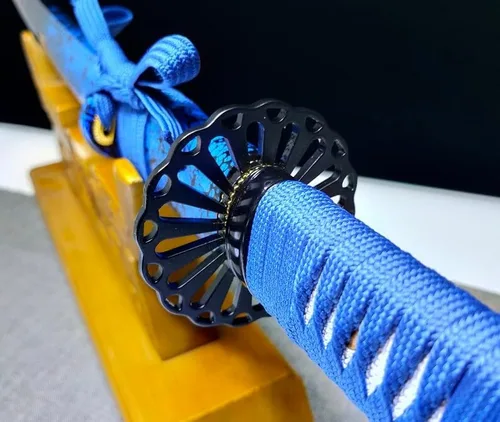 Vista 9 de Colección artesanal, espada katana hecha a mano, hoja y funda azules, azul horneado de acero 1095, espada samurai japonesa, espiga completa