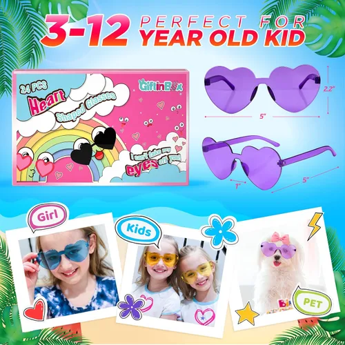 Vista 4 de GIFTINBOX 24 Pack Heart Sunglasses Heart shaped Sunglasses Kids Sunglasses Party Favors Heart Glasses Birthday Girls