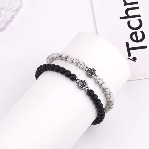 Vista 2 de XAOUS I Love You - Pulseras para parejas con proyección en 100 idiomas, cristal curativo, ágata negra, turquesa blanca, pulseras a juego para novio