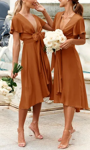 Vista 5 de ZESICA Vestido de fiesta de cóctel para mujer, sexy, de satén, cuello en V, manga corta, con volantes en la parte delantera, acampanado, con vuelo