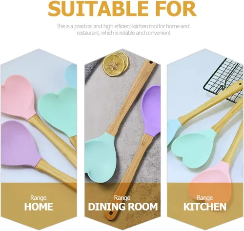 Vista 5 de BESTonZON 4 espátulas de silicona en forma de corazón con mango de madera para hornear, espátulas de silicona para mezclar cocinar hornear