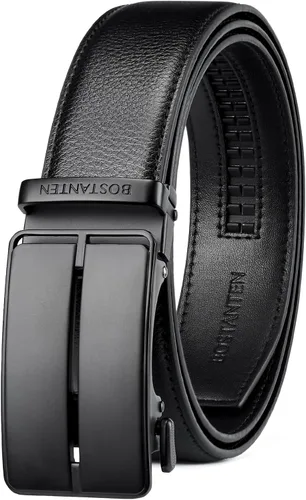 Vista 9 de BOSTANTEN Cinturón de cuero con trinquete para hombre, para atuendos formales e informales con hebilla ajustable, se ajusta a la medida. 001- Negro