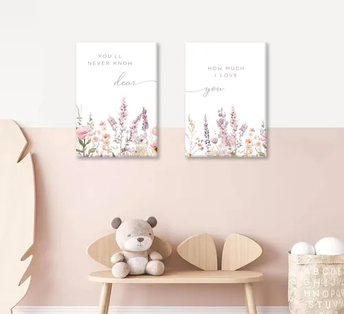 Vista 6 de 2 piezas de lienzo de flores silvestres para guardería, arte de pared, frases botánicas, pinturas bohemias para guardería, habitación de bebé