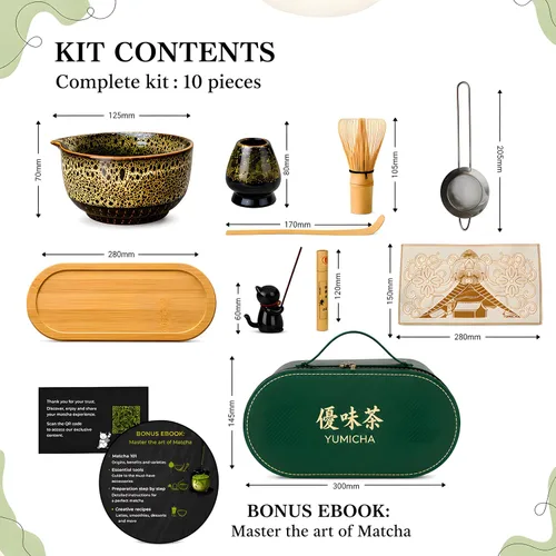 Vista 3 de Juego de batidor Matcha YMiga – Kit completo de matcha con batidor de bambú matcha, cuenco de cerámica matcha, tamiz y cucharada – Kit de Verde/Negro