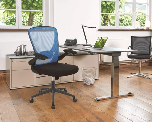 Vista 2 de Silla ergonómica de malla para oficina, con respaldo lumbar, giratoria, con ruedas, ejecutiva, con brazos y respaldo medio ajustable, para Azul