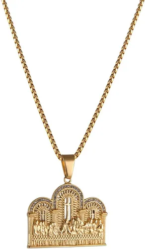 Vista 3 de AsAlways Collar con colgante de circonita cúbica de acero inoxidable chapado en oro con sus discípulos para hombre, joyería hip hop, Metal, Circonia