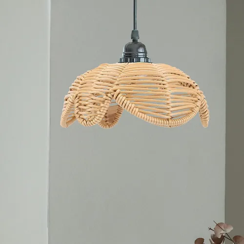 Vista 5 de Pantalla de lámpara de techo de ratán tejida con forma de flor, lámpara de araña tejida con forma de flor, iluminación tejida, lámpara de techo