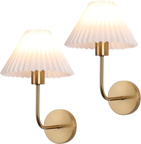 Vista 10 de Juego de 2 apliques de pared de latón cepillado con pantalla plisada blanca, lámpara de pared dorada de cuello de cisne para interiores, tocador