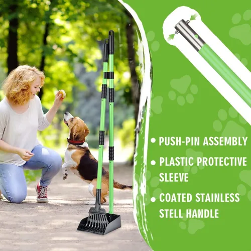 Vista 5 de MXF Recogedor de excrementos, bandeja de metal inoxidable de mango largo y rastrillo para perros medianos y pequeños, resistente, uso en hierba
