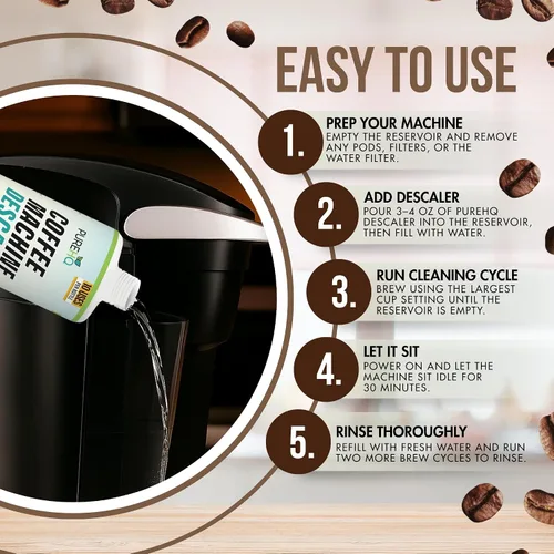 Vista 6 de Descalcificador de cafetera – 10 usos – Solución de descalcificación Keurig – Descalcificador universal para Keurig, Nespresso, Delonghi, Breville