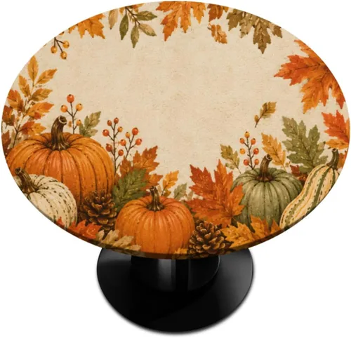 Vista 107 de Mantel redondo ajustado con diseño de calabaza de otoño, hojas de otoño, color amarillo, pequeño con borde elástico, manteles circulares lavables