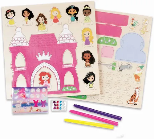 Vista 2 de Disney Princess - Juego de actividades de decoración de castillo de madera – Kit de manualidades de castillo y princesa con calcomanías, marcadores