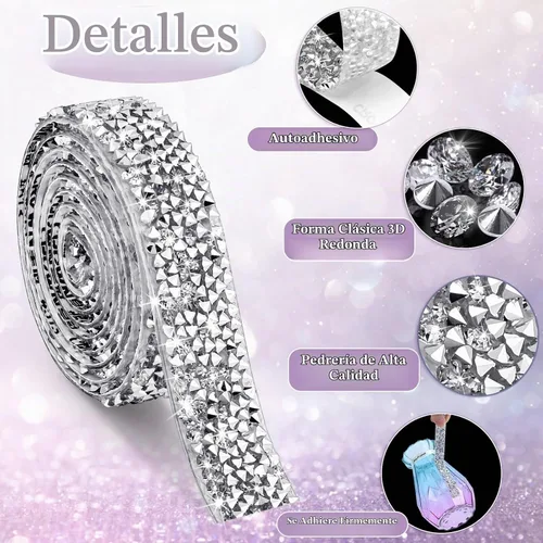 Vista 3 de Rollos de cintas autoadhesivas del Rhinestone de la resina, tiras de plata del Rhinestone de Diamond Crystal Rhinestone Ribbon Roll Stickers