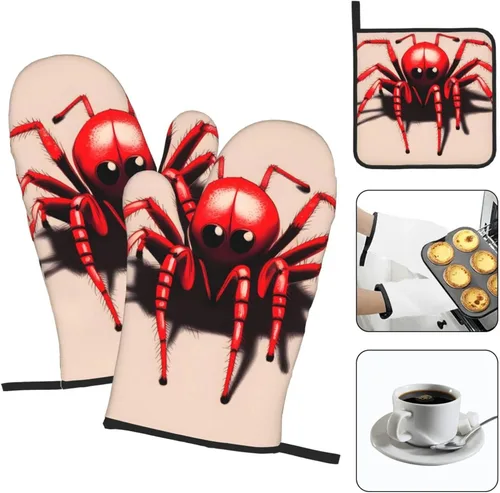 Vista 3 de Juego de manoplas de horno y soporte para ollas con diseño de araña roja, material antiquemaduras, grueso y duradero, antiquemaduras y aislado.
