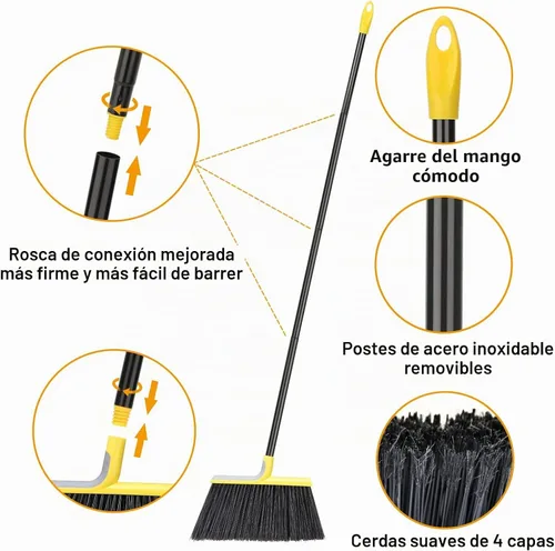 Vista 5 de 4 paquetes de escoba al aire libre para limpieza de pisos con mango largo de 58", Escobas comerciales resistentes para barrido en interiores
