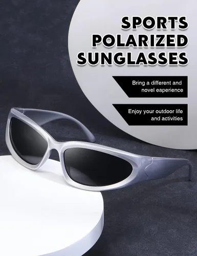Vista 6 de MASDUN Gafas de sol polarizadas envolventes vintage de moda para hombres y mujeres, gafas de sol futuristas para deportes al aire libre UV400