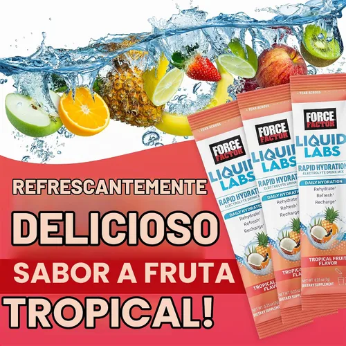 Vista 3 de Force Factor Liquid Labs Paquetes de Polvo de Electrolitos—Fruta Tropical—Paquetes de Hidratación para Hacer Agua de Electrolitos, con 5