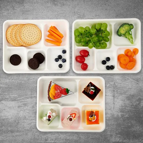 Vista 4 de Vplus Platos 100% compostables con 5 compartimentos, paquete de 125 platos ecológicos desechables de caña de azúcar de 10 x 8 pulgadas, bandeja