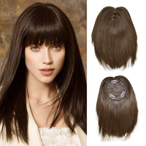 Vista 3 de Extensiones de cabello humano 100% real con clip, extensiones de cabello lacio de 13 pulgadas para mujeres (2# marrón oscuro)