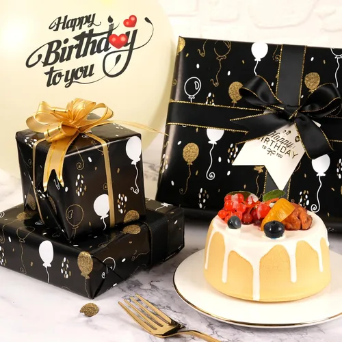 Vista 9 de Rollo de papel de regalo de cumpleaños, papel de regalo negro mate y dorado para mujeres, hombres, niños y niñas, diseño de globo de lámina dorada