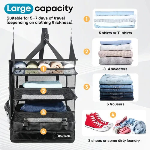 Vista 6 de Organizador colgante de maleta y estantes de viaje, cubos de embalaje para viajes, organizador de maleta para equipaje de mano, fácil embalaje