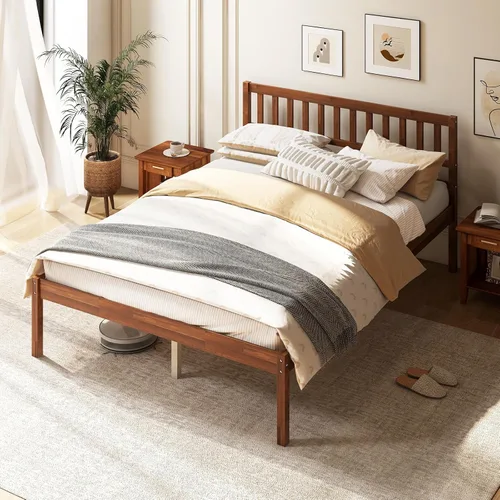 Vista 14 de Giantex Base de cama individual con cabecero, cama de plataforma de madera maciza con soporte de listones de madera, cama individual