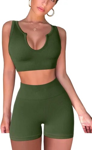 Vista 3 de QINSEN Conjuntos de entrenamiento sin costuras para mujer, brasier deportivo acanalado de cintura alta, pantalones cortos para correr, gimnasio