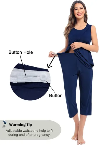 Vista 2 de SWOMOG Conjunto de pijama de maternidad para mujer, pijama de lactancia de doble capa, sin mangas, parte superior capri, conjunto de embarazo
