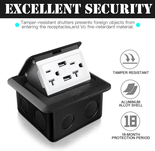 Vista 6 de Hoolerry Kit de 1 caja de cubierta de toma de corriente eléctrica de piso desplegable con cargador USB de 4.8 A, 20 amperios, impermeable