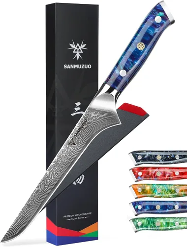 Vista 9 de Cuchillo de filete de 7 pulgadas, VG10 Damasco cuchillo para deshuesar peces con mango de resina - Serie Xuan (naranja fantasía)