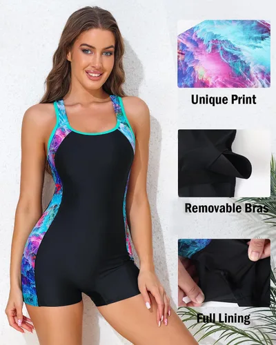 Vista 62 de beautyin - Traje de baño para mujer, traje de baño aeróbico y de competición de una pieza, estilo pantalón corto