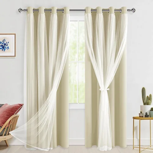 Vista 112 de Hiasan Cortinas opacas con superposición transparente, aislamiento térmico para mezclar y combinar de doble capa, cortinas de oscurecimiento de Beige