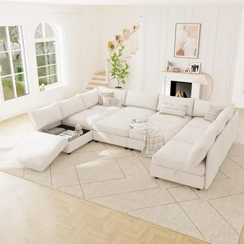 Vista 26 de 95.5" Sofá seccional modular de chenilla con almacenamiento oculto, sofá cama convertible en forma de L y U, sofá seccional moderno de 6 plazas