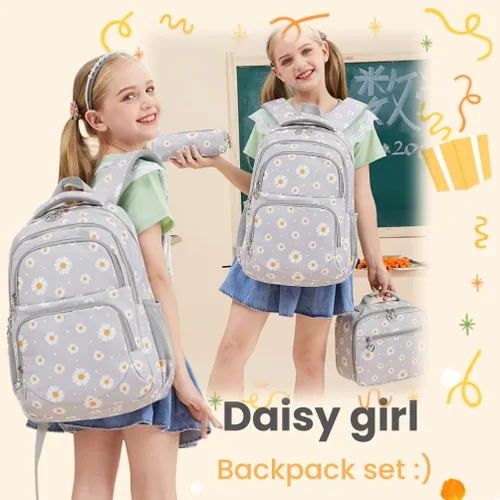 Vista 3 de 3 piezas de mochila con estampado de margaritas para niños, mochila de escuela primaria, mochila para estudiantes de primaria, mochila para Negro
