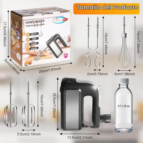 Vista 2 de Batidora de mano eléctrica de 400 W, 5 velocidades con turbo, 5 accesorios